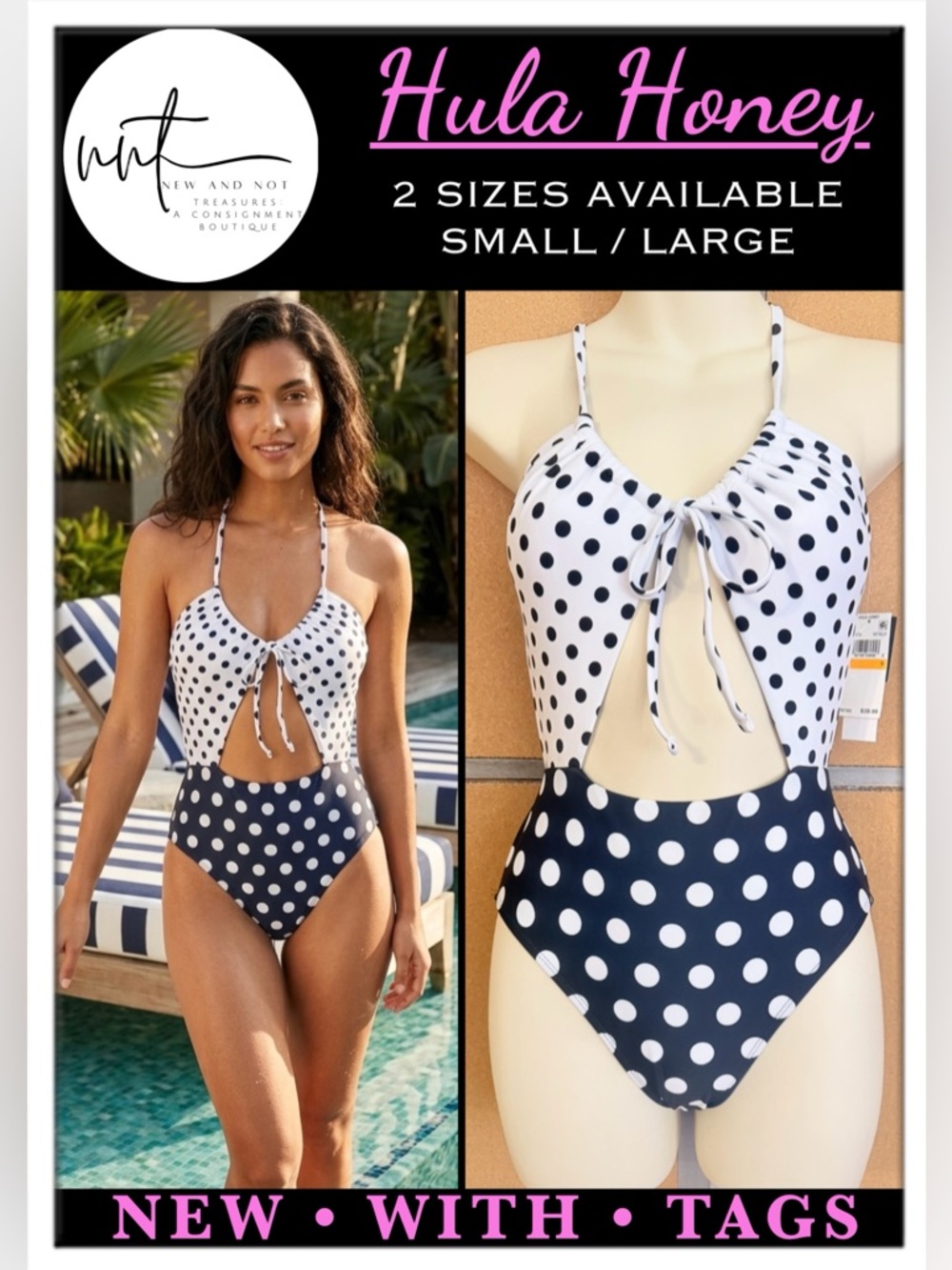 NWT Hula Honey Juniors' Polka Dotted Cutout One Piece Swimsuit in White/Black